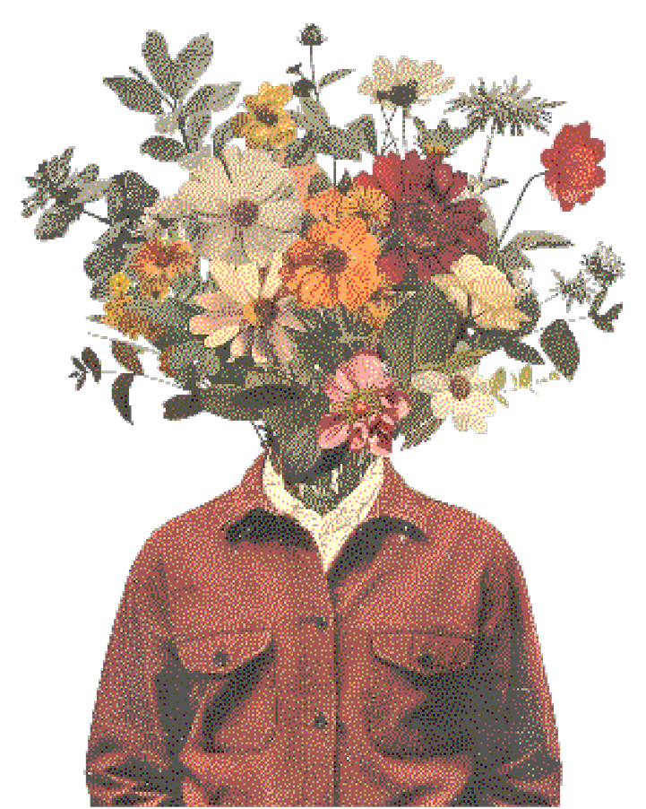 A colorful portrait surrounded by dithered botanical details