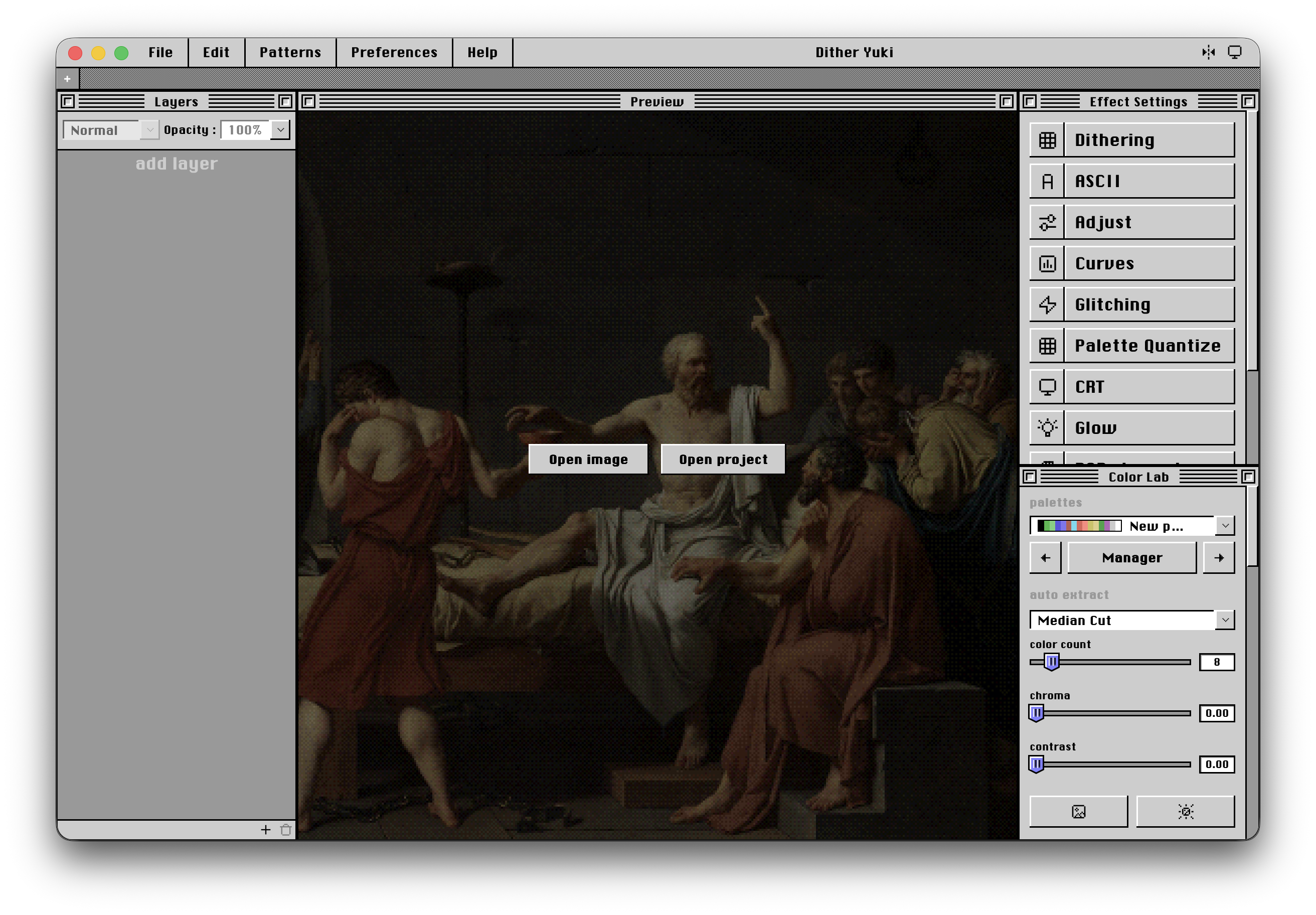 Dither Yuki desktop application with layer controls, image preview, dithering effects, and color palette tools